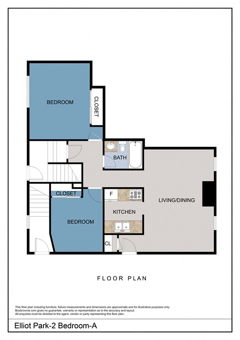 Floor plan for 2 beds, 1 bath, 755 sqft